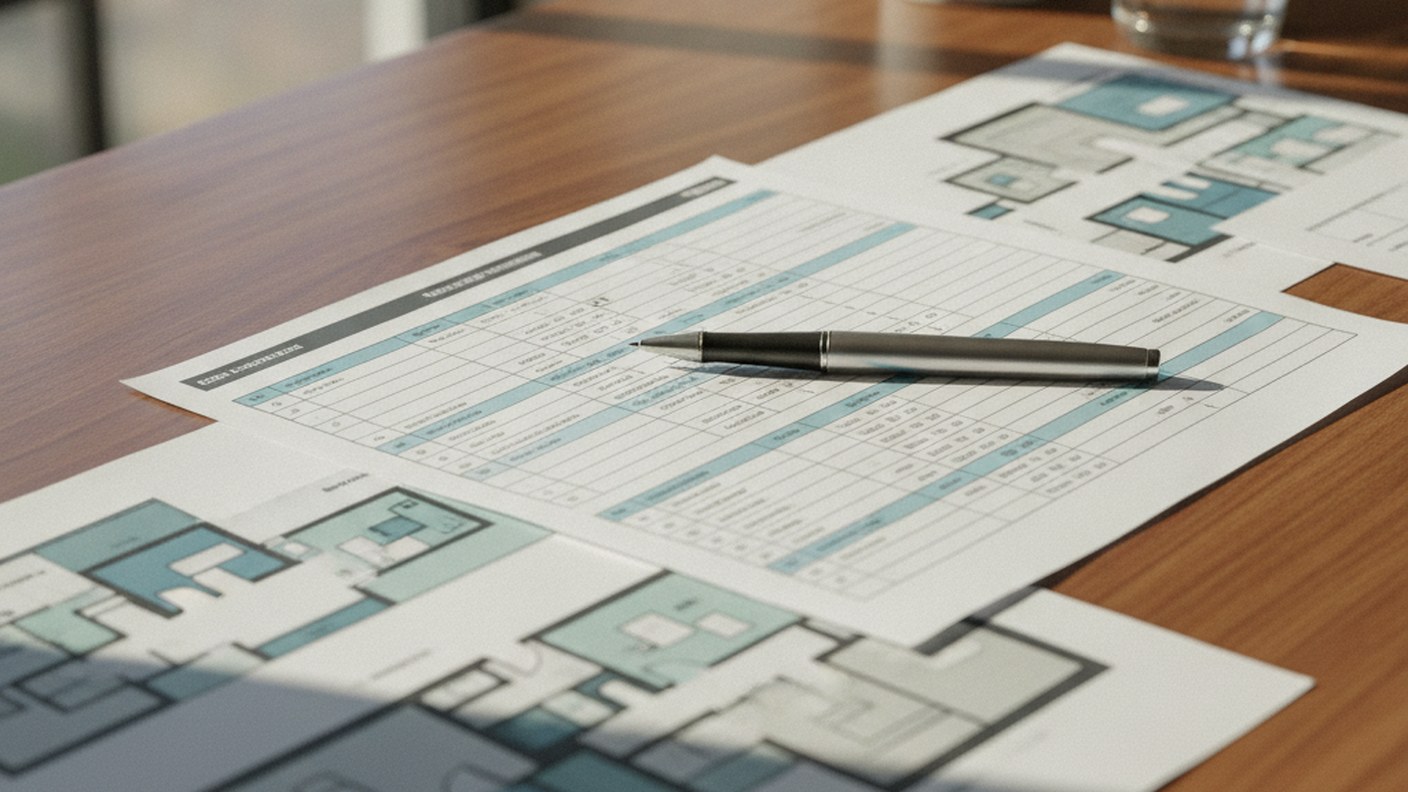spreadsheet and printed property listings spread on a desk with a pen, natural light