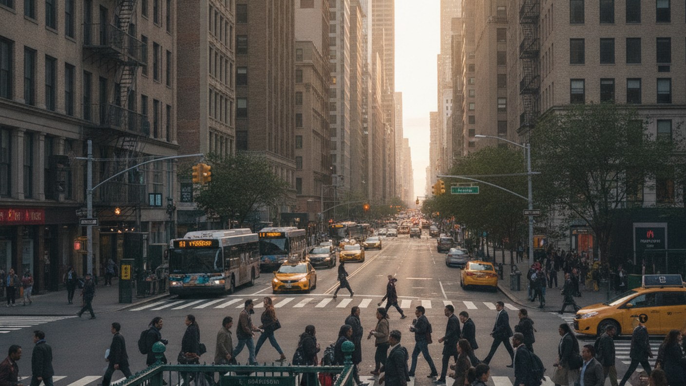 subway entrance and busy pedestrian crossing in downtown Brooklyn, morning commute