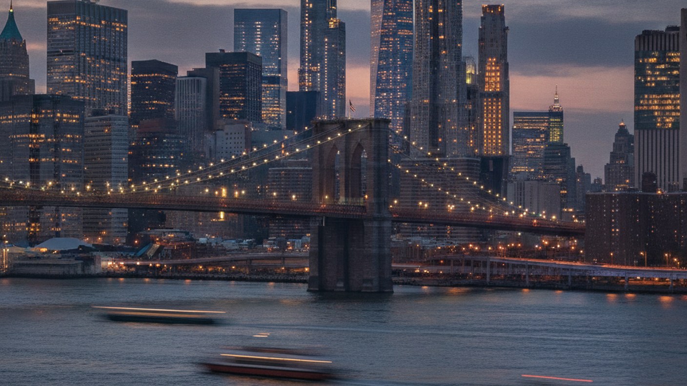wide evening view of Brooklyn towers with bridge lights in the distance