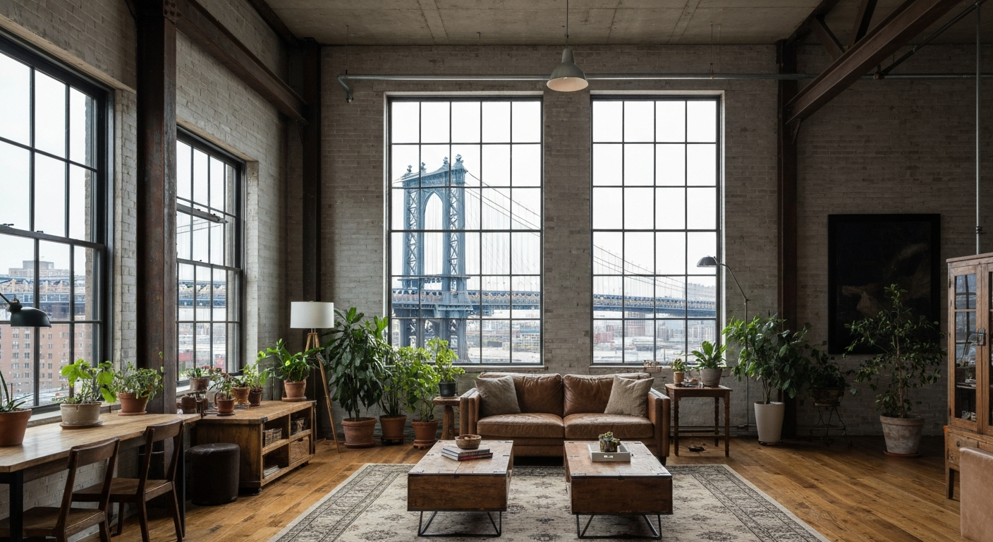 loft apartment interior with exposed brick, iron columns and bridge view through windows