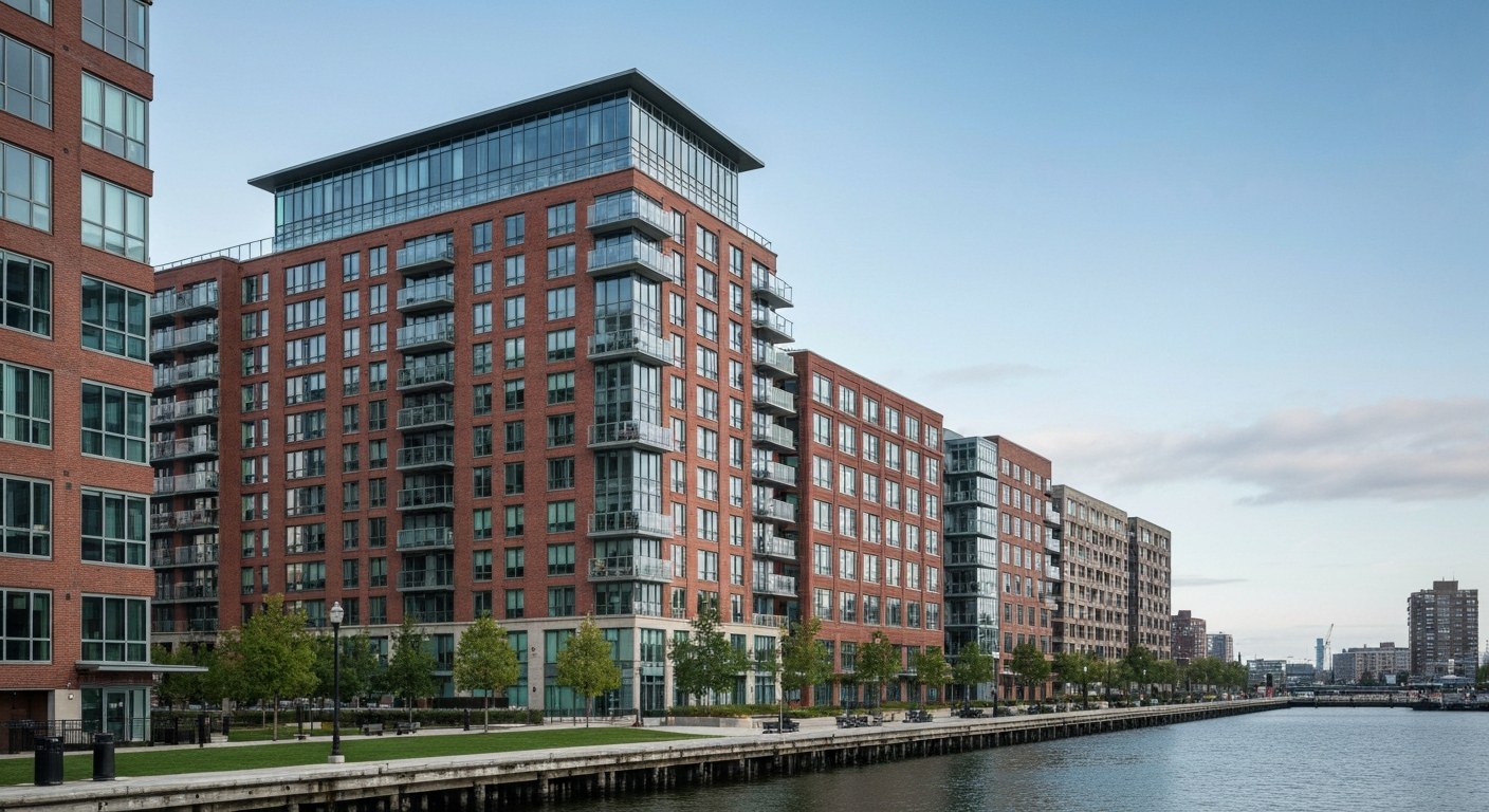 modern residential building with brick and glass facade beside a waterfront park, Brooklyn