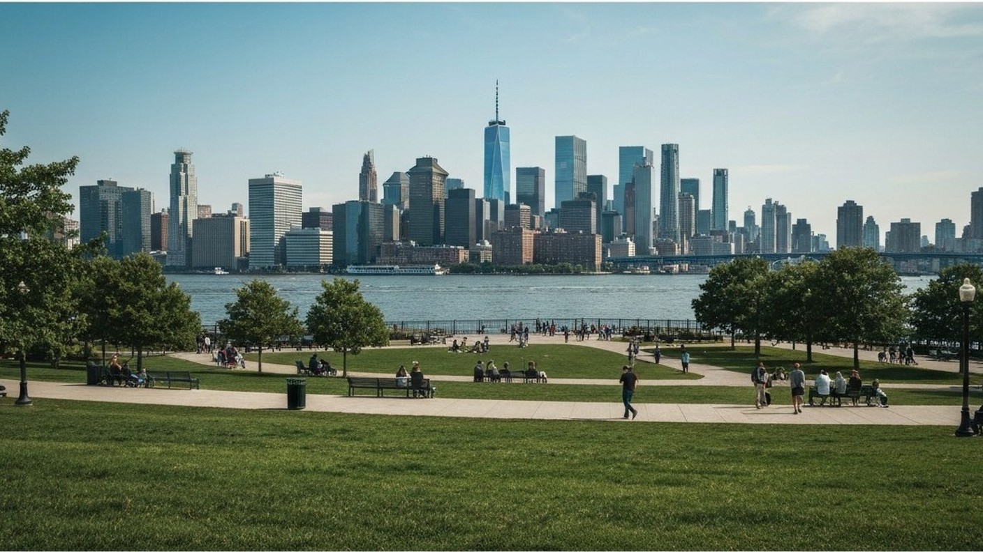 waterfront park with lawns and people, city skyline across the river, Brooklyn