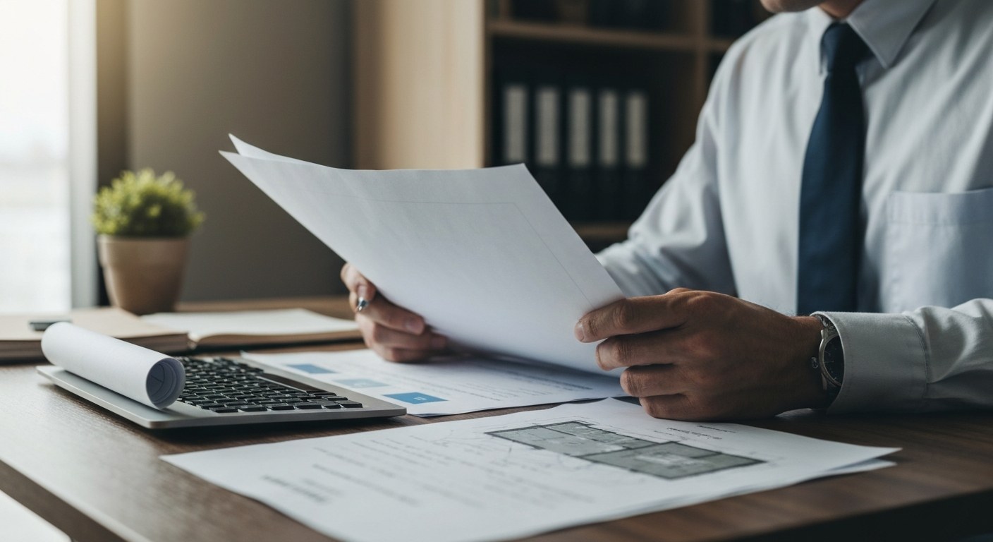 property documents and building plans on a desk with a professional reviewing them