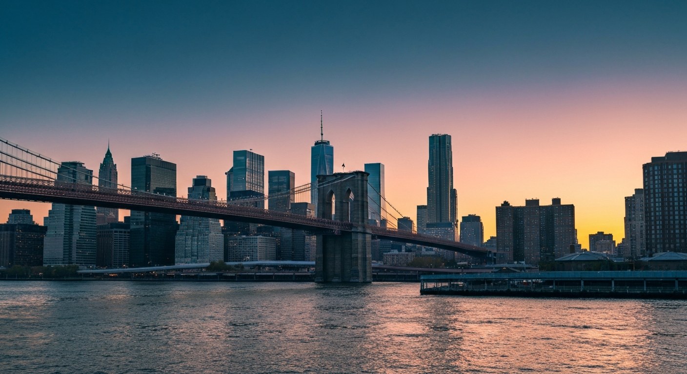 East River waterfront at sunset with bridges and Manhattan skyline, Brooklyn side