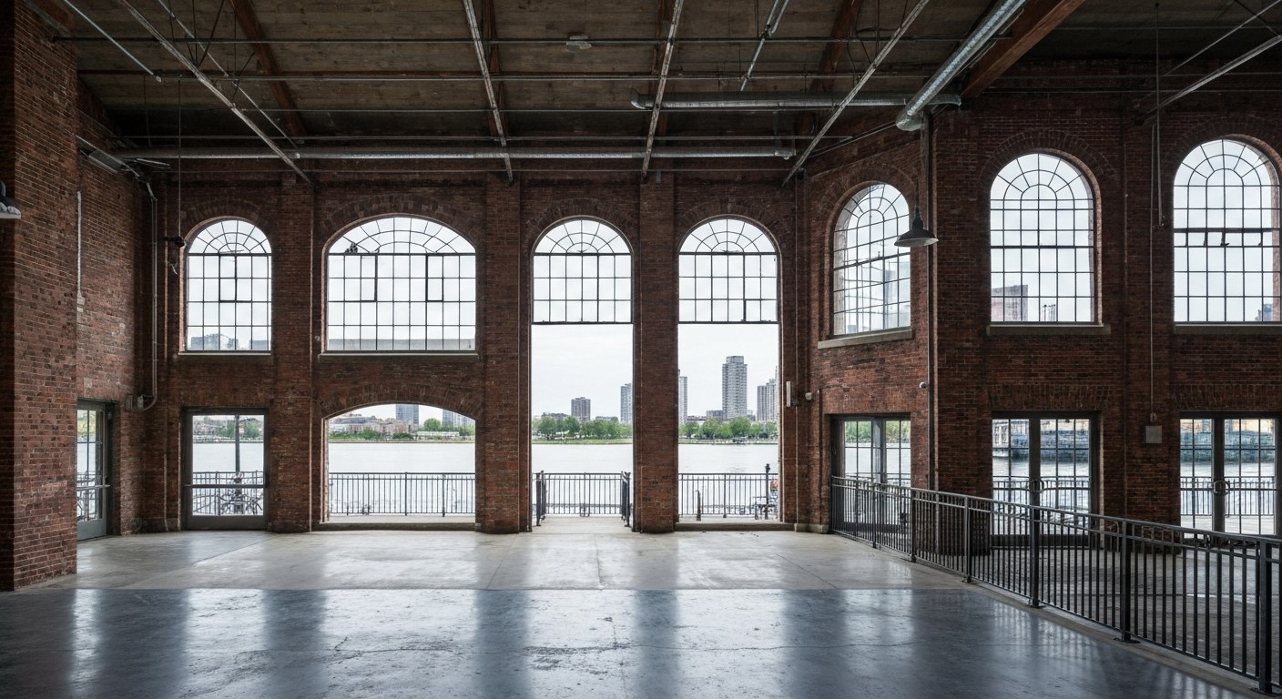 converted brick warehouse with arched windows facing a waterfront park, Brooklyn
