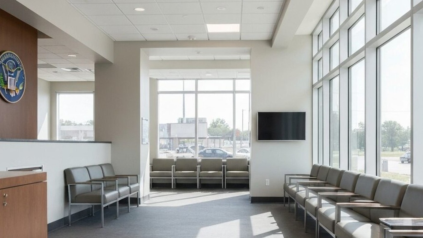 US immigration office waiting area, clean modern interior, professional photography