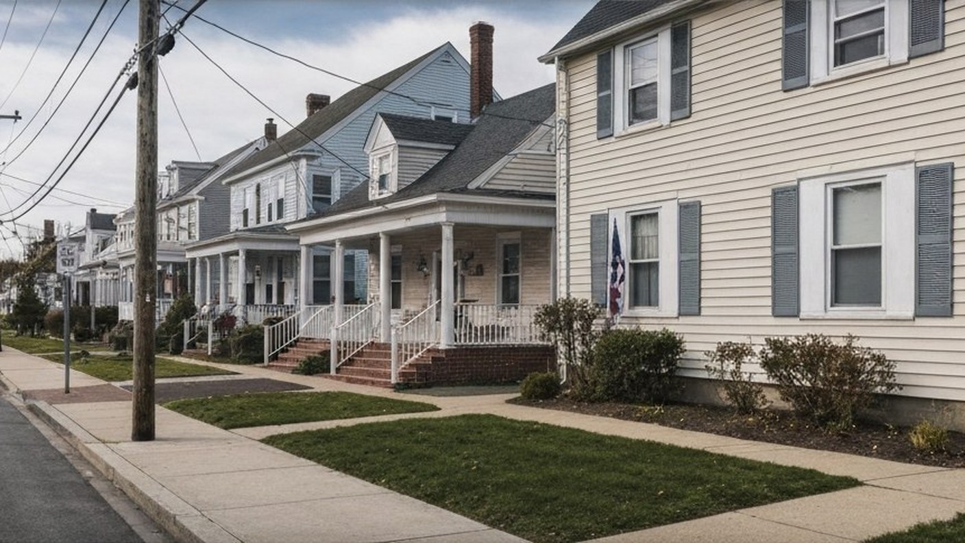 suburban residential street with modest colonial houses and sidewalks
