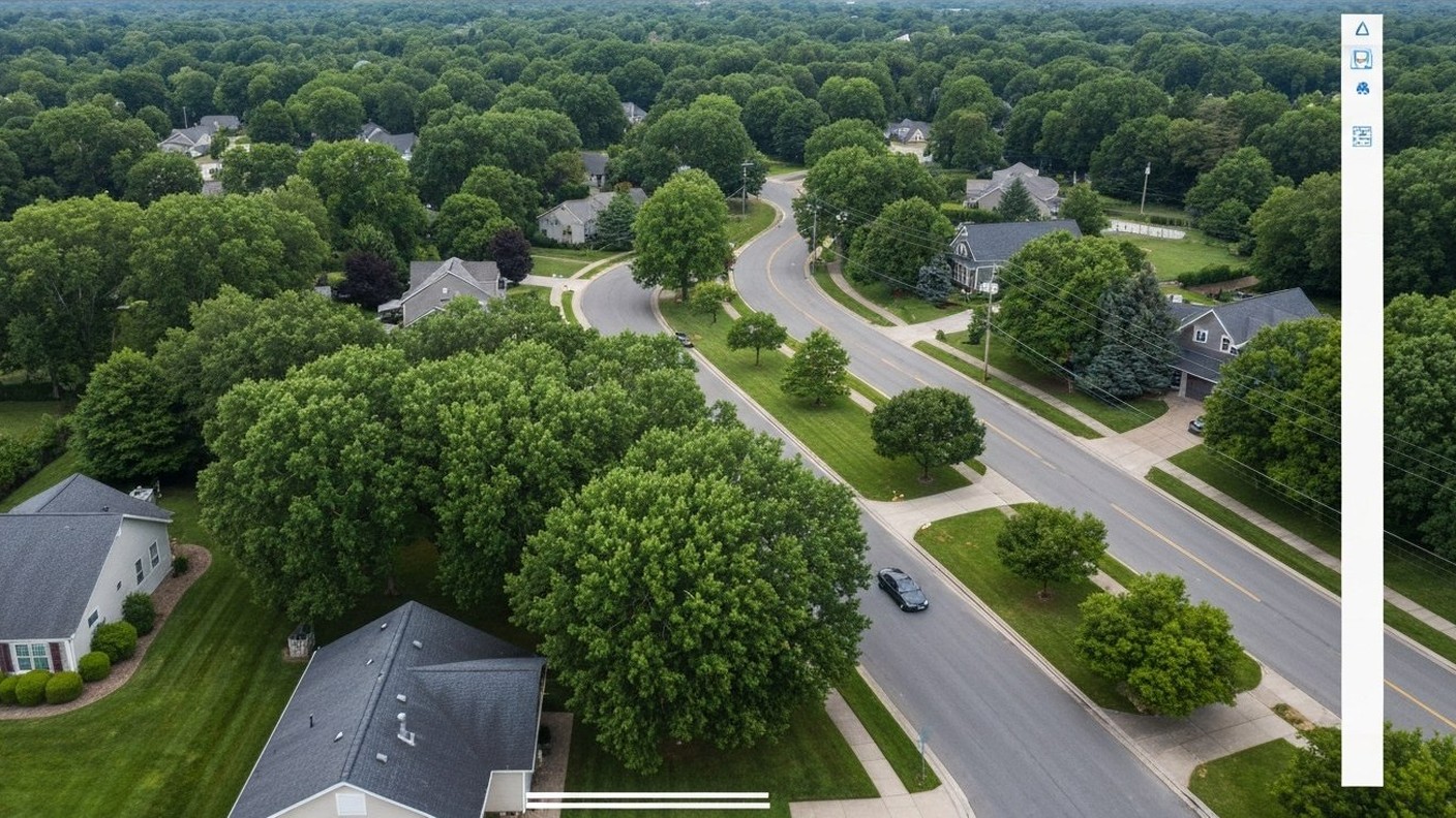 aerial view of suburban neighborhood with tree canopy and winding roads
