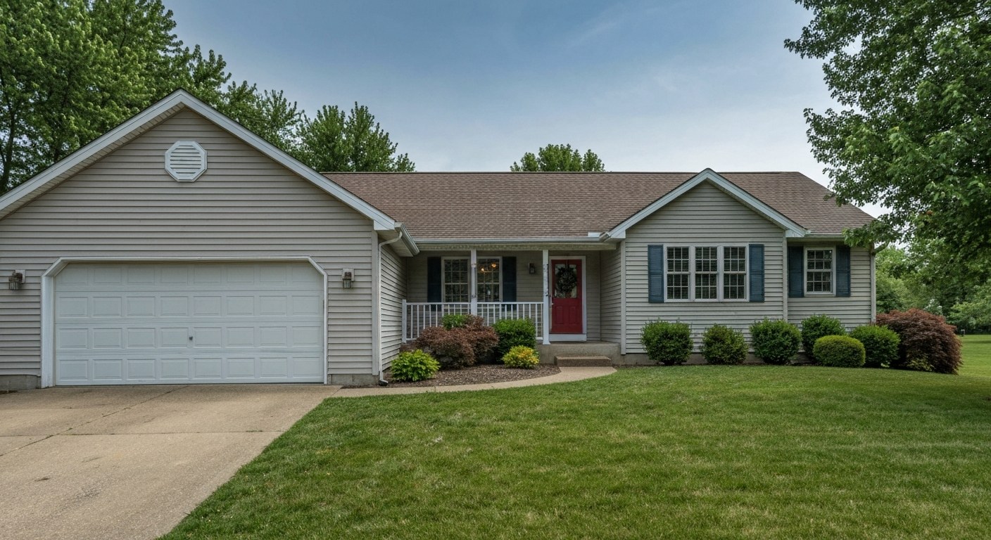split level suburban home with attached garage and lawn