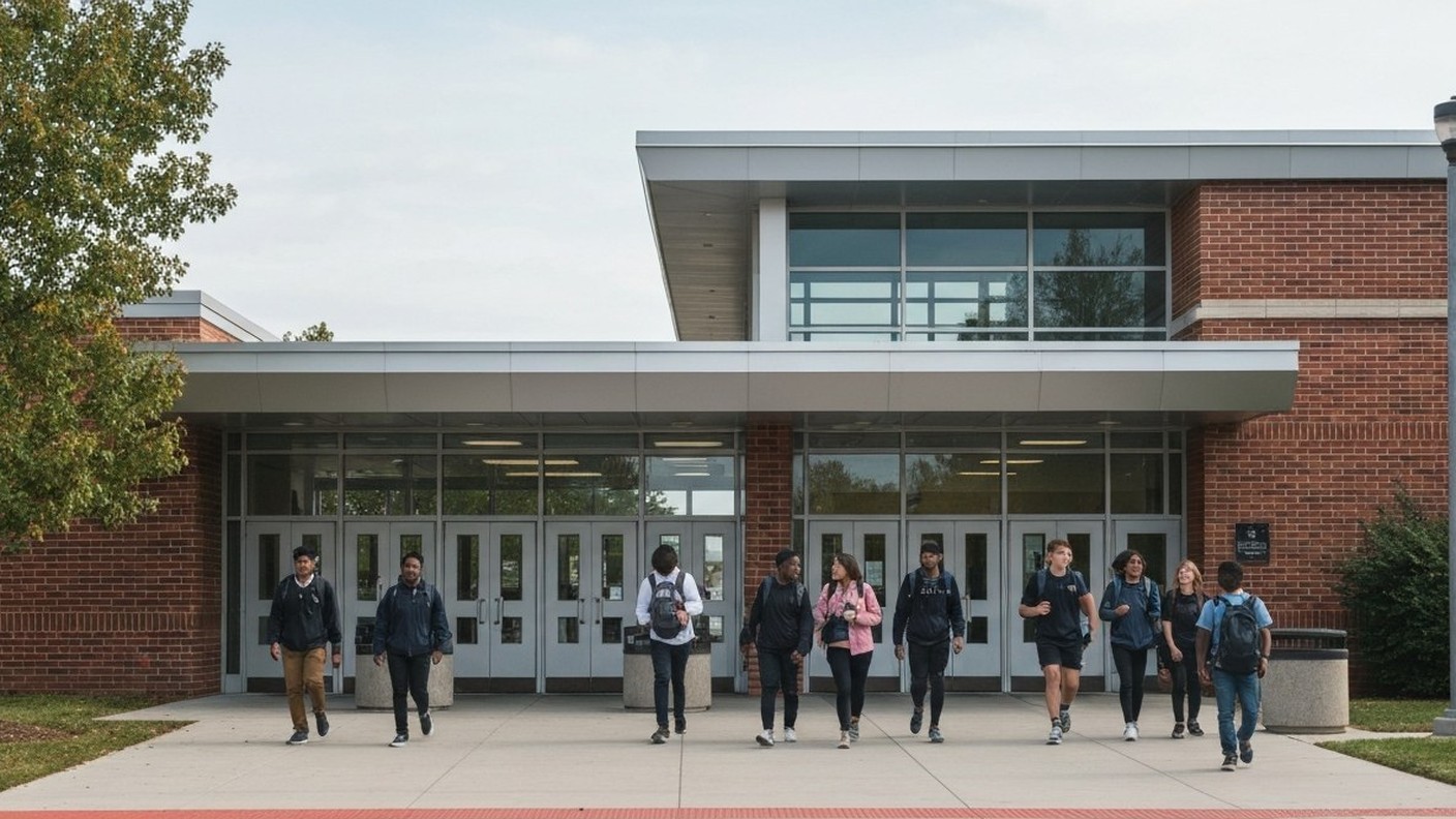 modern public high school entrance with students walking, daytime