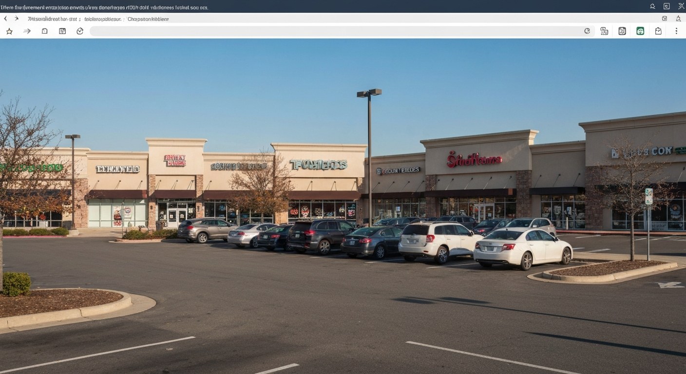 suburban shopping plaza with parking and storefronts, clear day