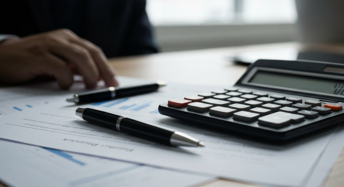 property documents and calculator on a desk with pen, close up