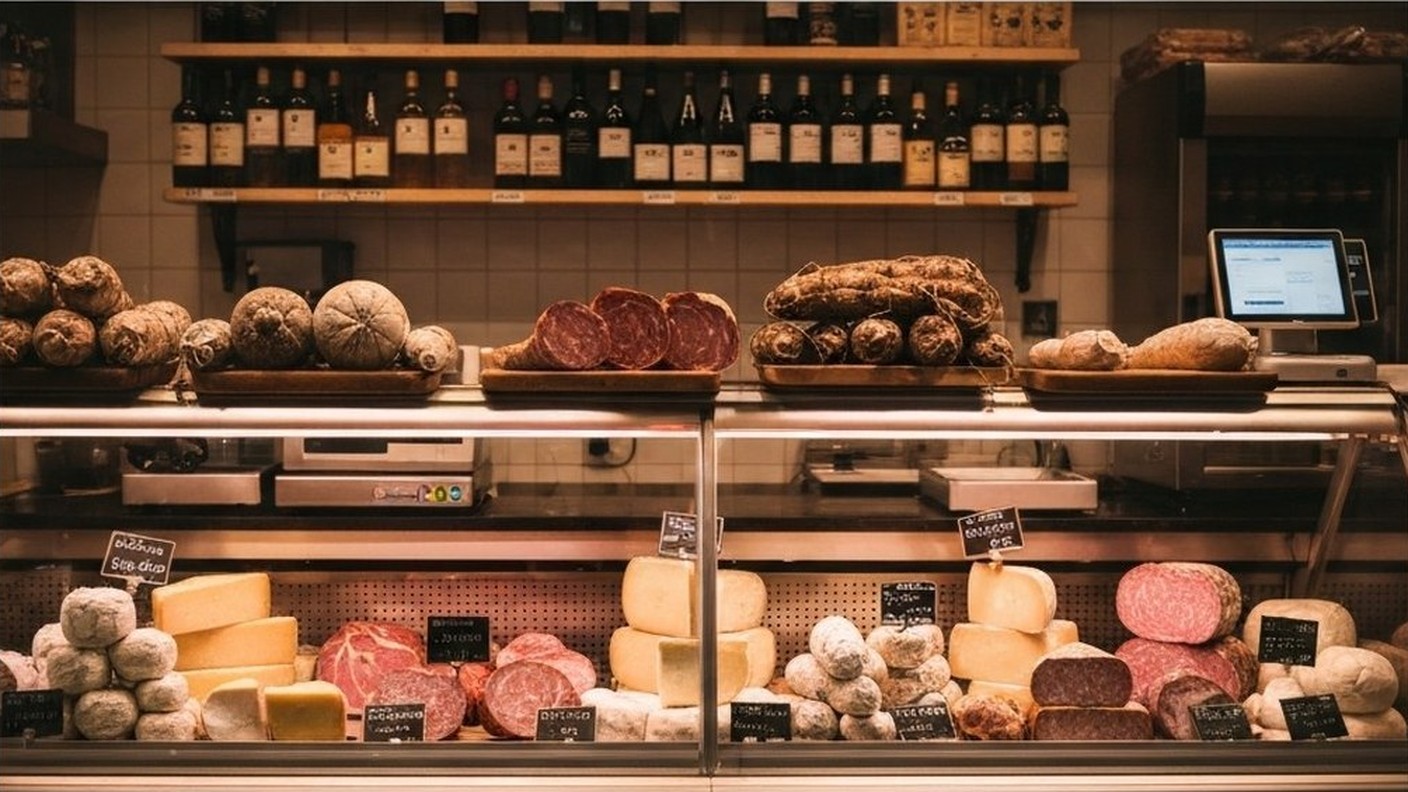 italian deli counter with cured meats and cheeses, warm light