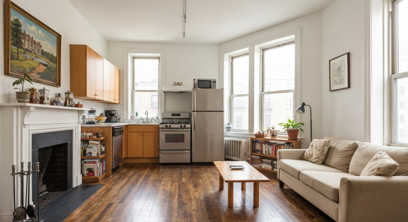bright compact New York apartment interior with wooden floors and city window view