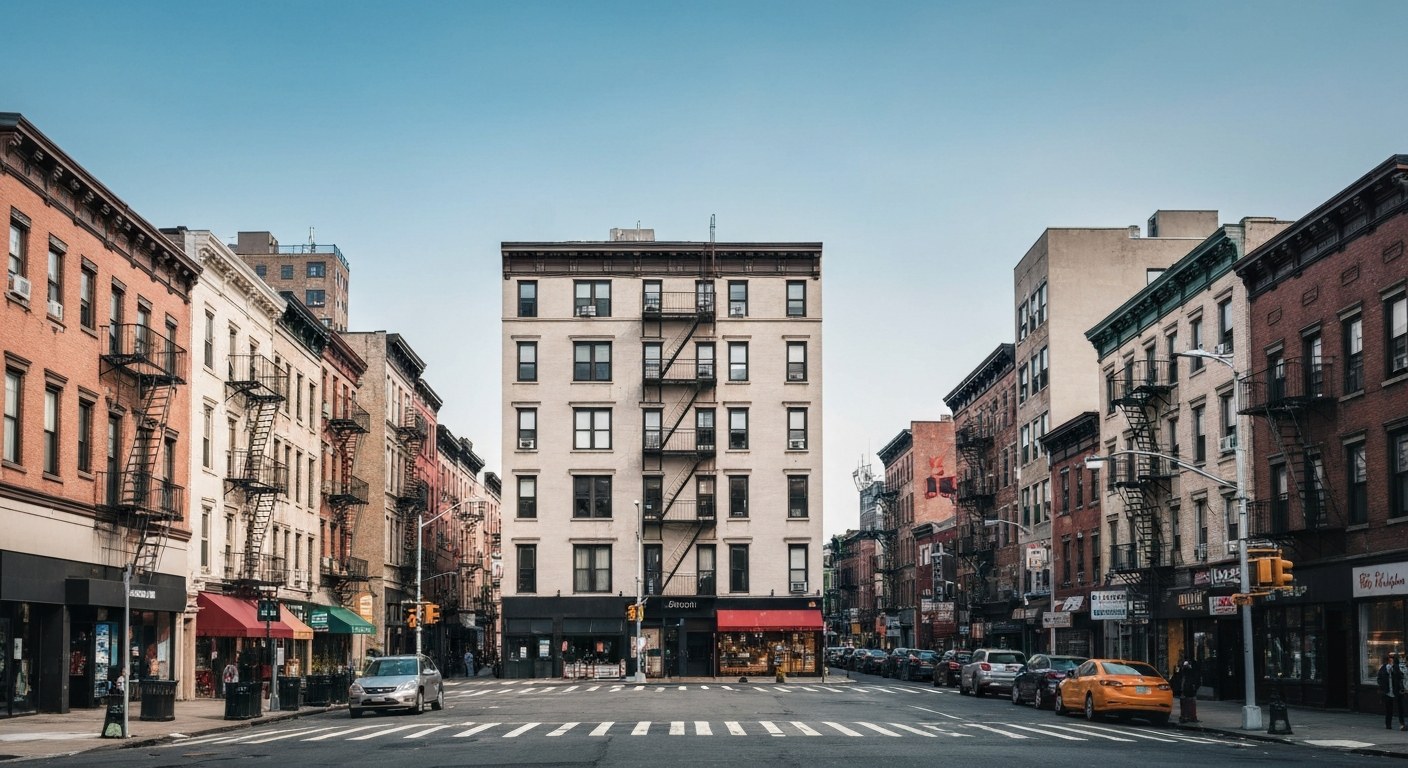 East Village New York low rise tenement buildings with fire escapes on a lively street