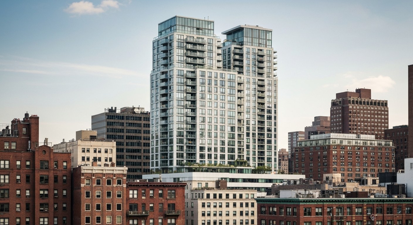 contemporary mid rise residential building among older low rise buildings, downtown New York
