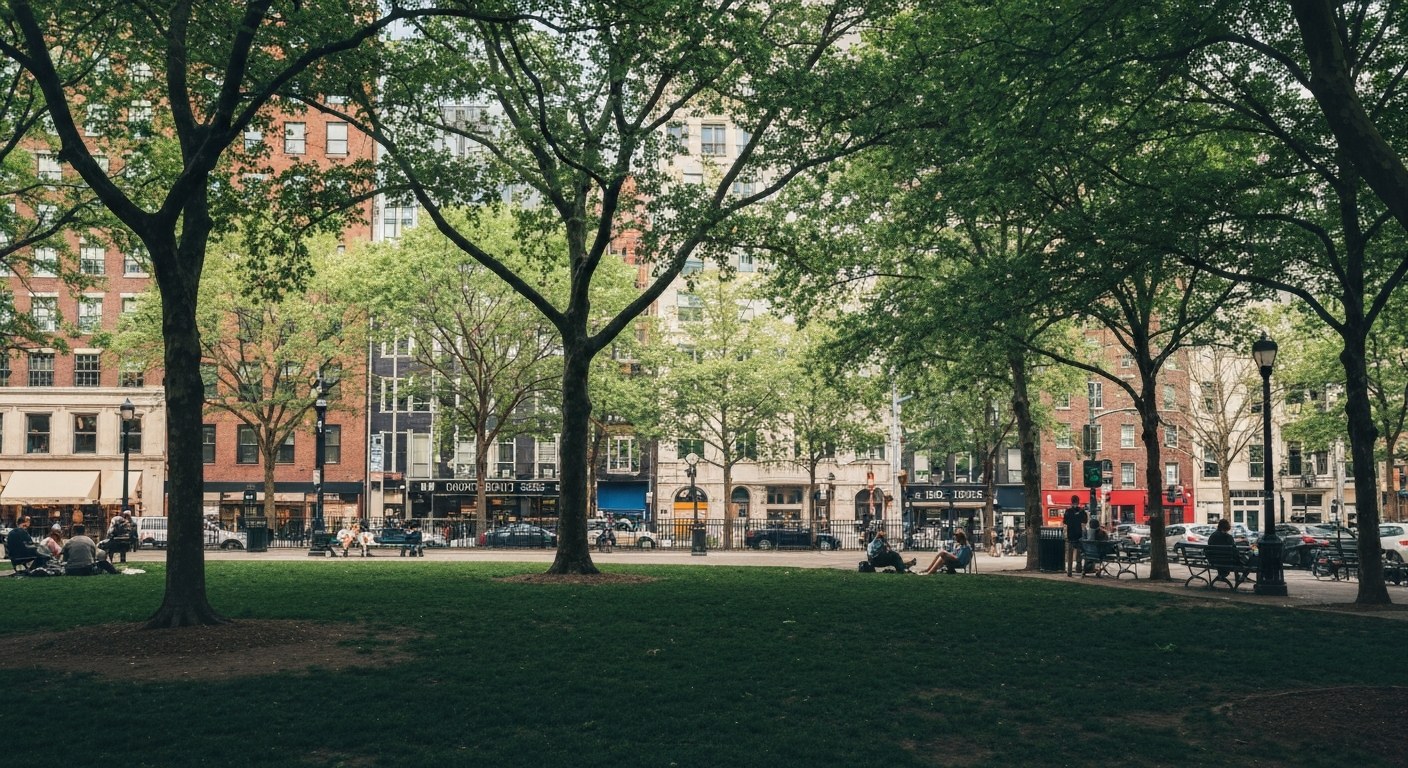 neighborhood park with trees and people relaxing in downtown New York, afternoon