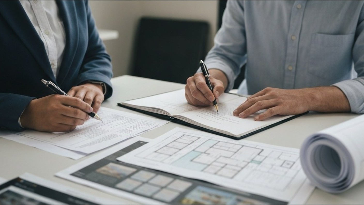 property inspection with documents and building plans, professional real estate setting