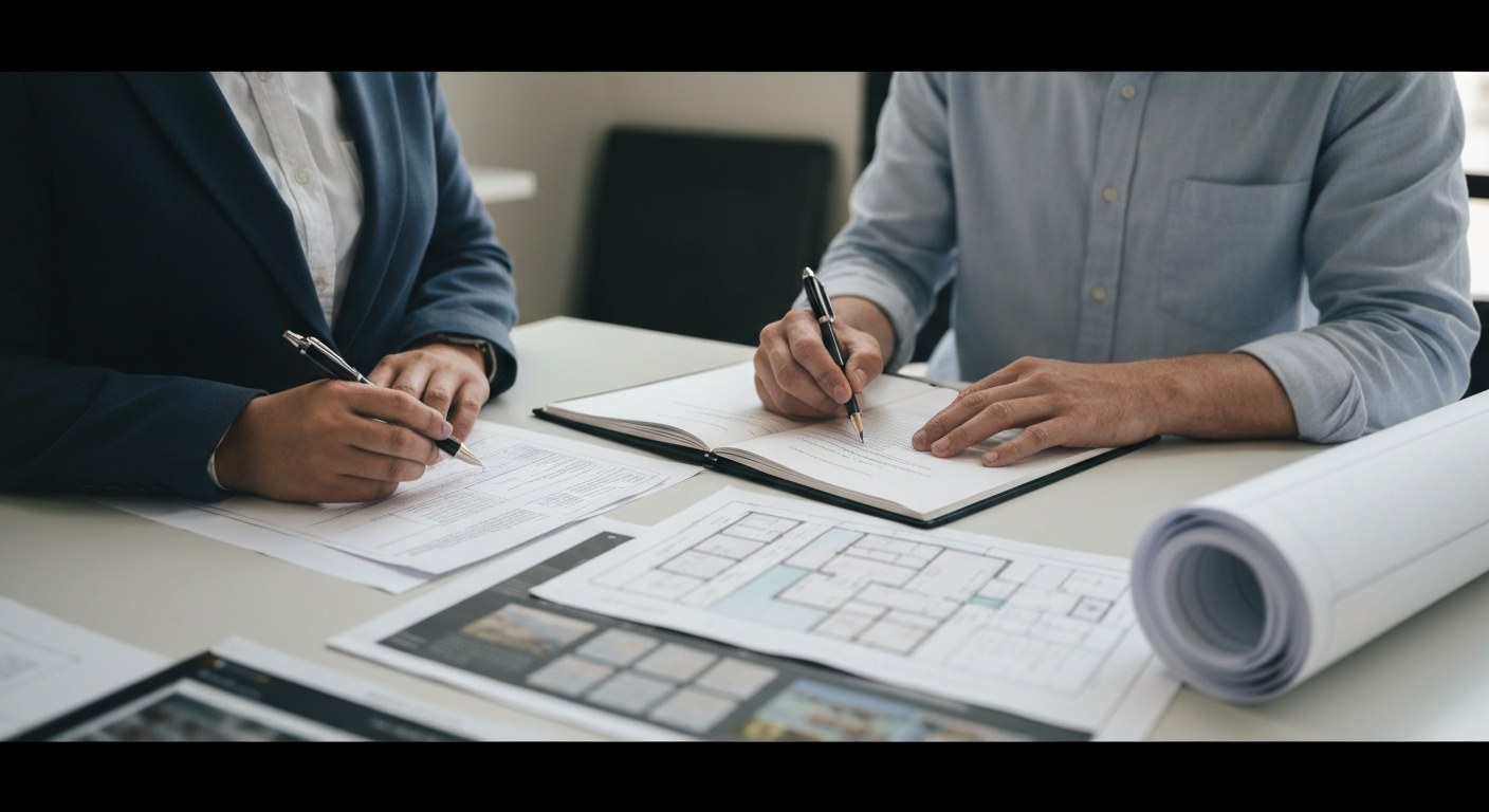 property inspection with documents and building plans, professional real estate setting