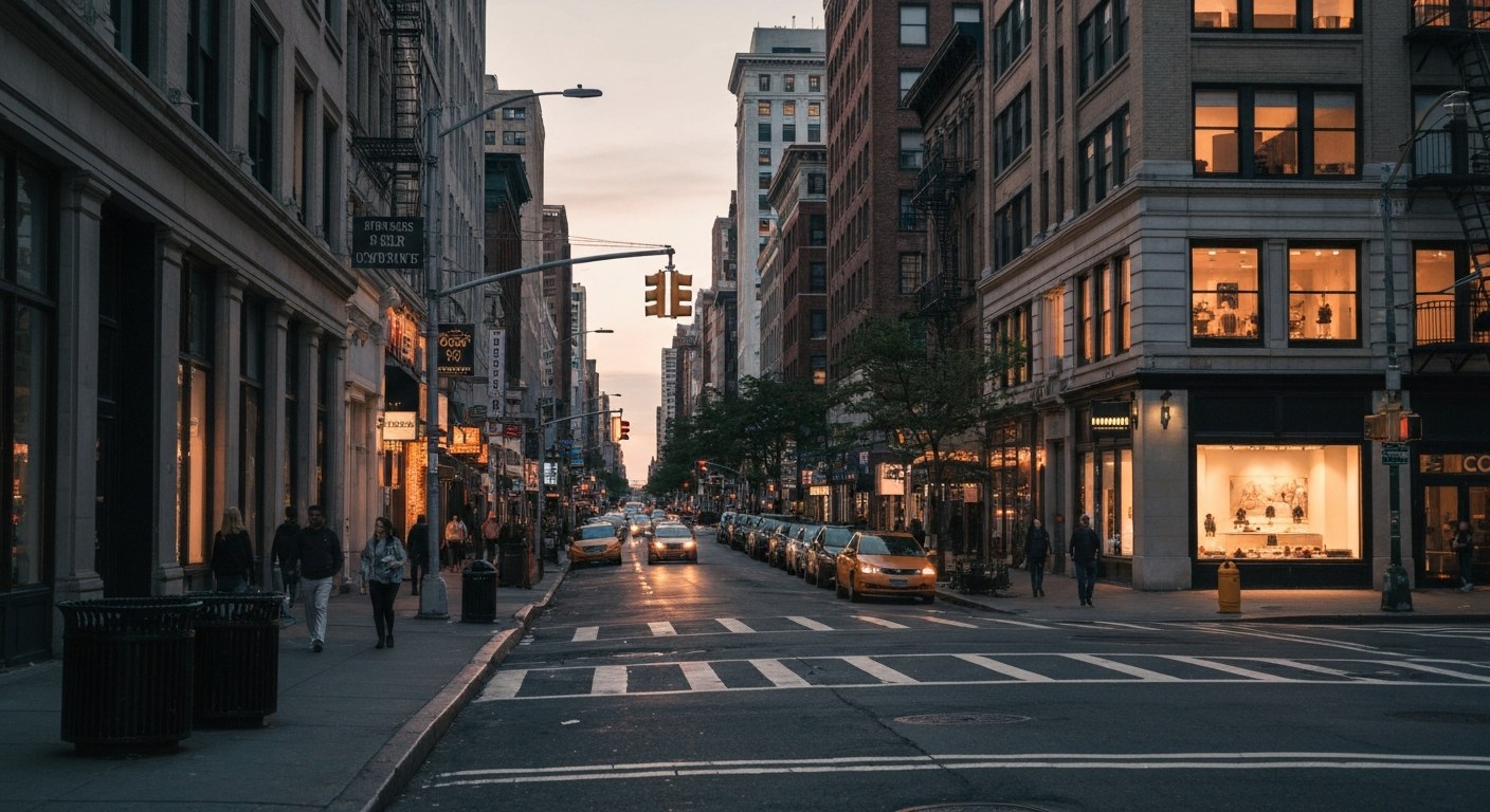 downtown New York street at dusk with warm storefront lights and pedestrians