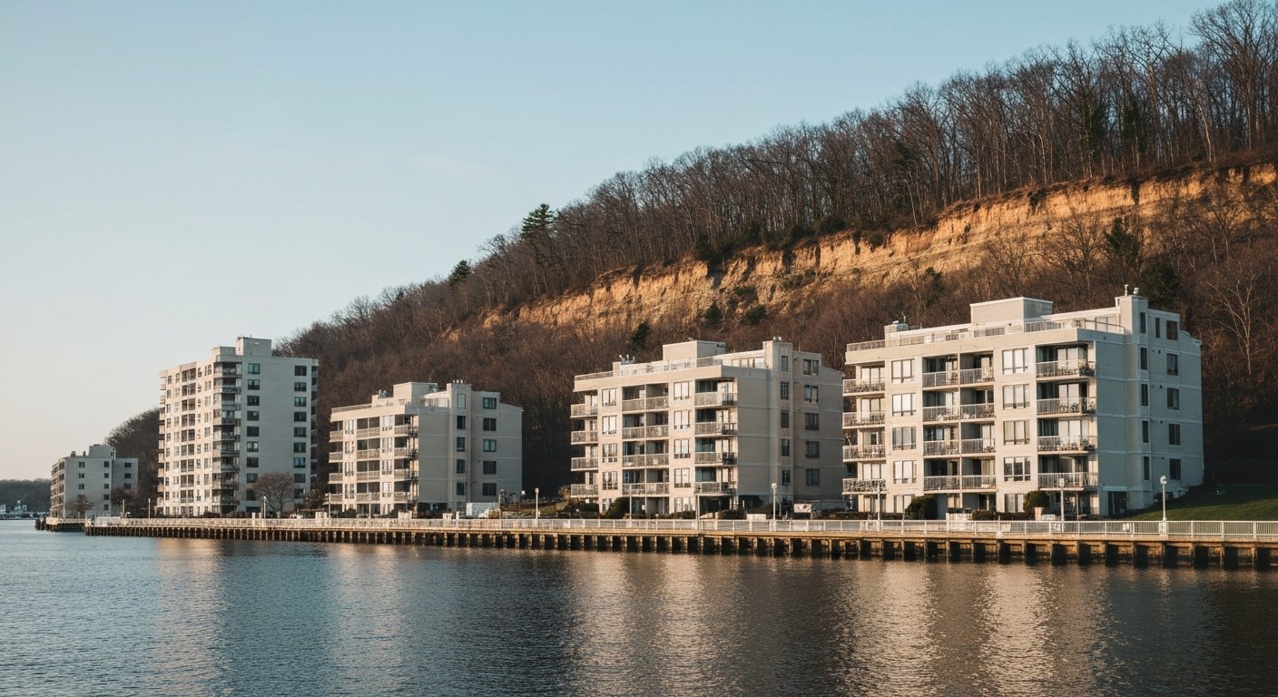 low-rise waterfront condominium buildings along a river promenade in New Jersey, a wooded cliff risi