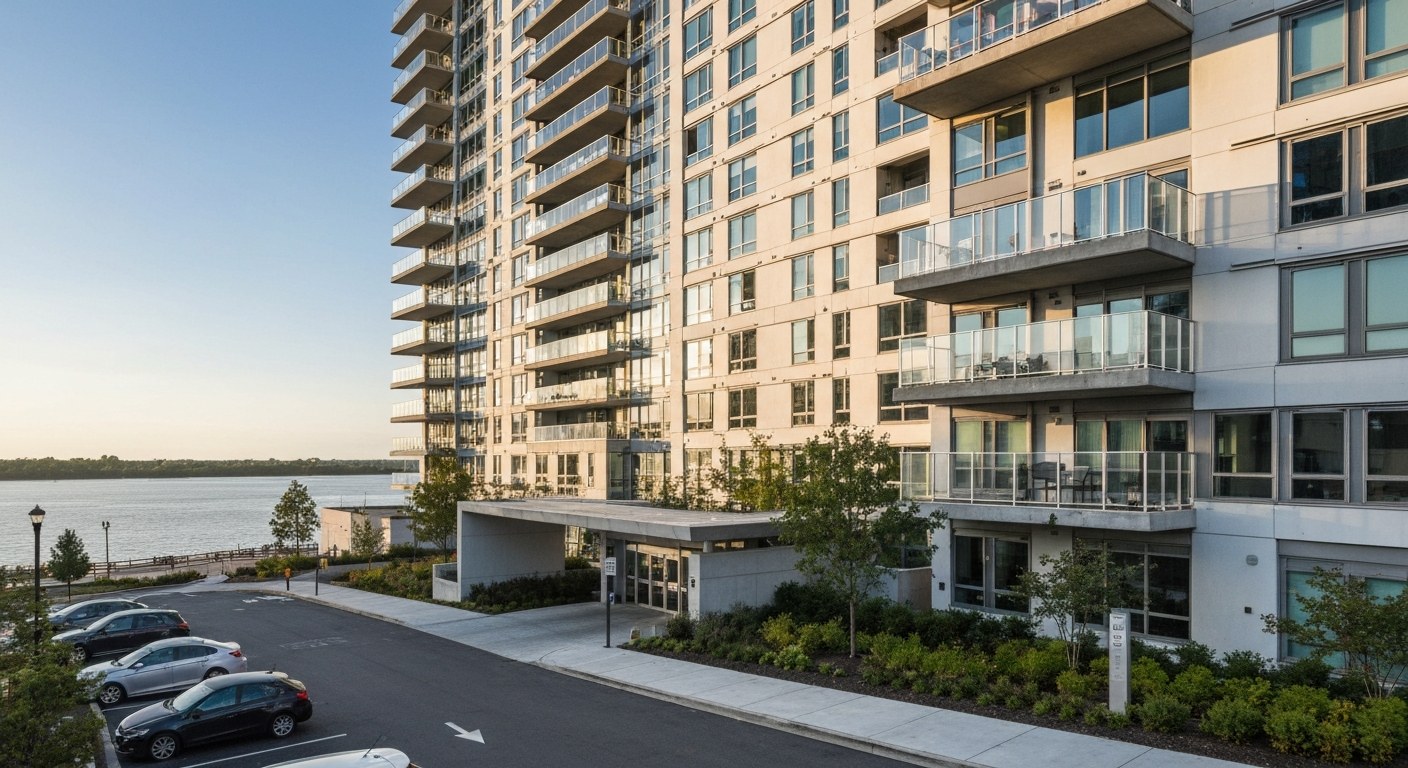 modern mid-rise residential building with balconies facing a river in New Jersey, landscaped entranc
