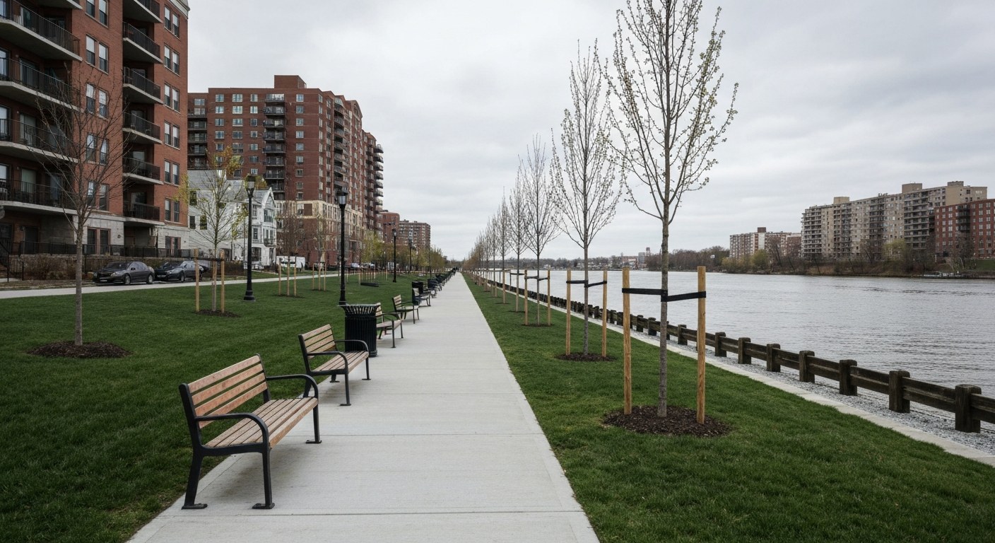 riverside walking path with benches and young trees in New Jersey, residential buildings on one side