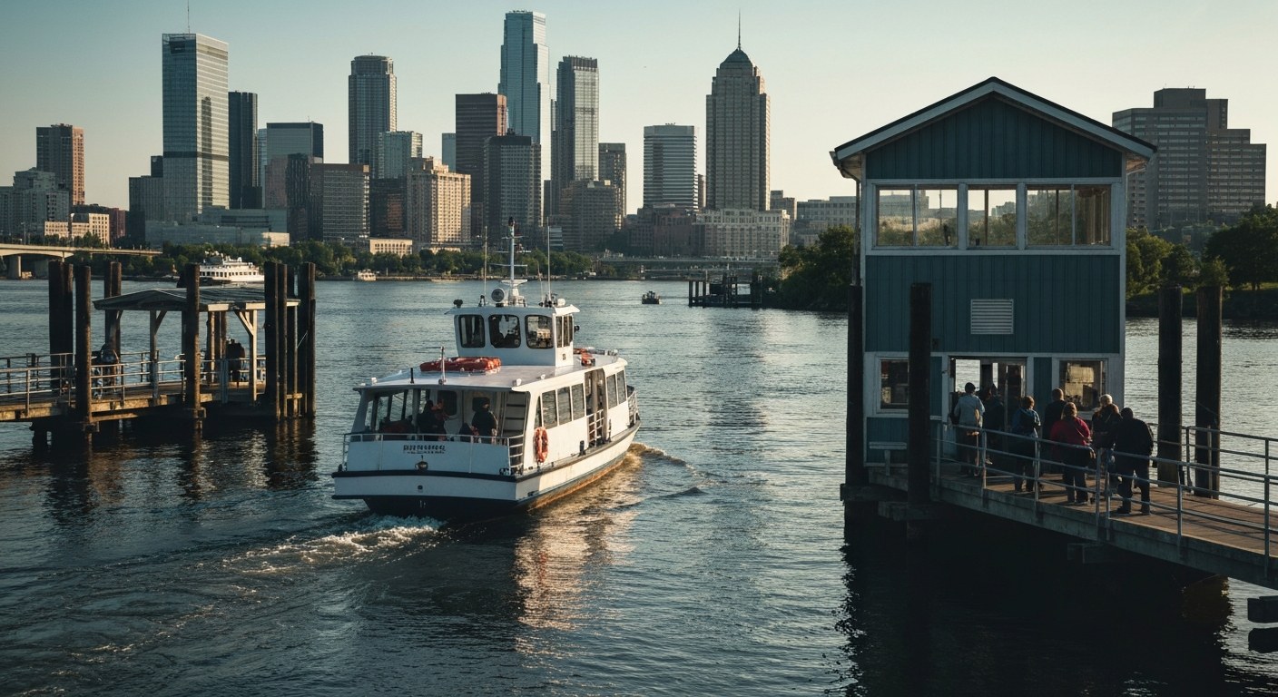 commuter ferry approaching a small riverside terminal, a city skyline across the water, passengers w