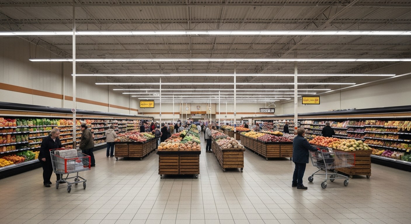 large grocery store interior with wide aisles and produce displays, shoppers with carts, bright over