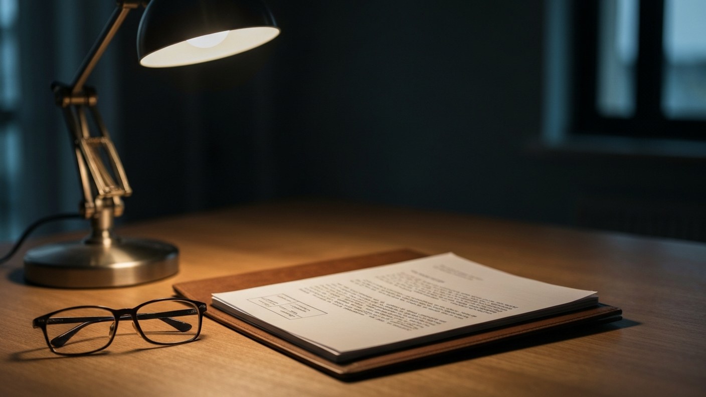 An estate planning document folder and reading glasses on a wooden desk with soft lamp light, seriou