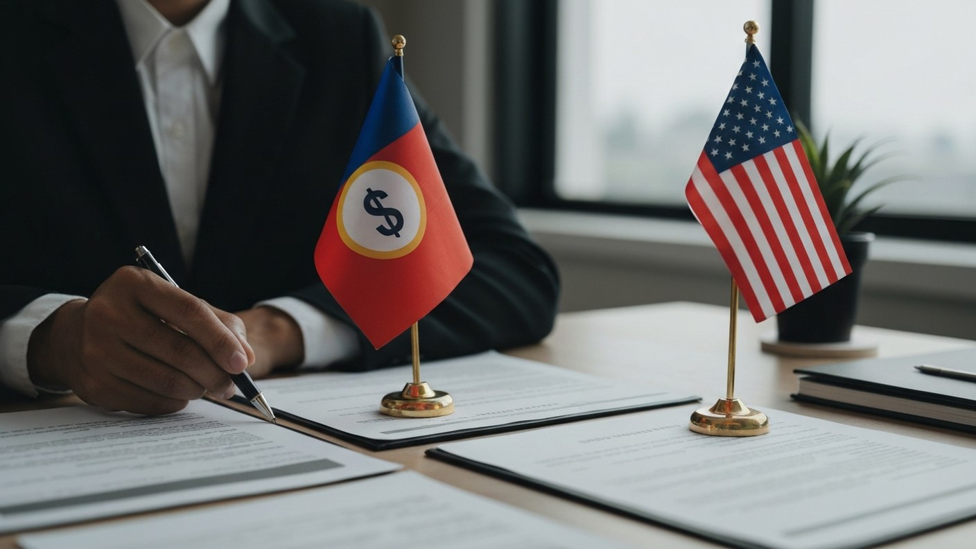 Two flags and financial documents on a table representing cross-border taxation, professional adviso