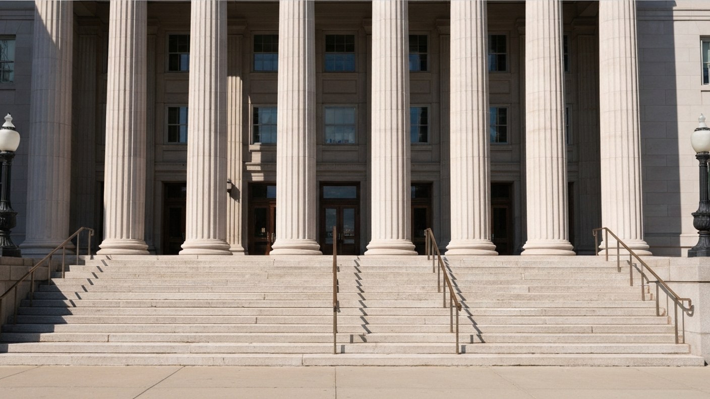A courthouse building exterior with steps and columns, legal process setting, clear daylight, editor