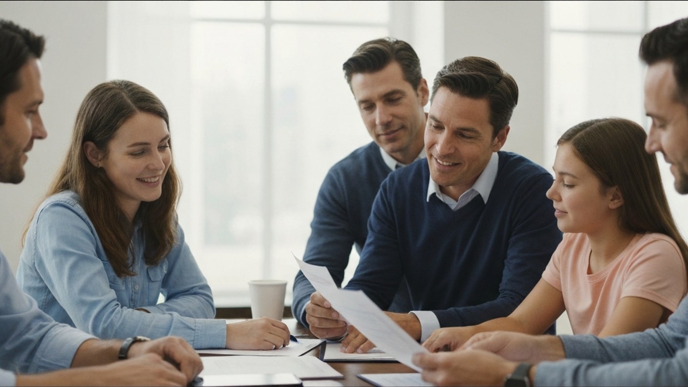 A family reviewing documents with an advisor at a table, multi-generational planning, warm and reass