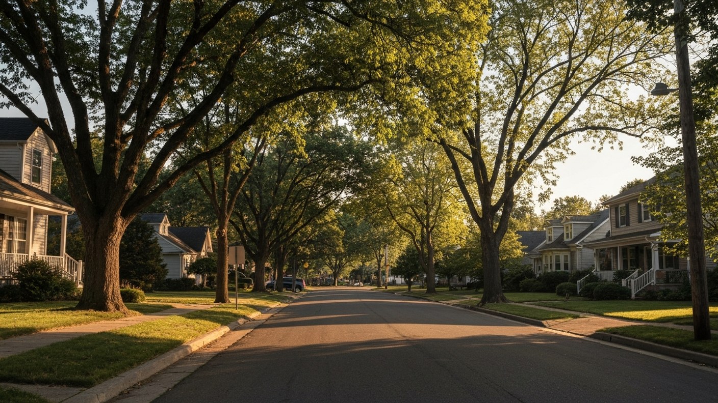 A quiet residential street with mature trees and family homes at golden hour, sense of legacy and co
