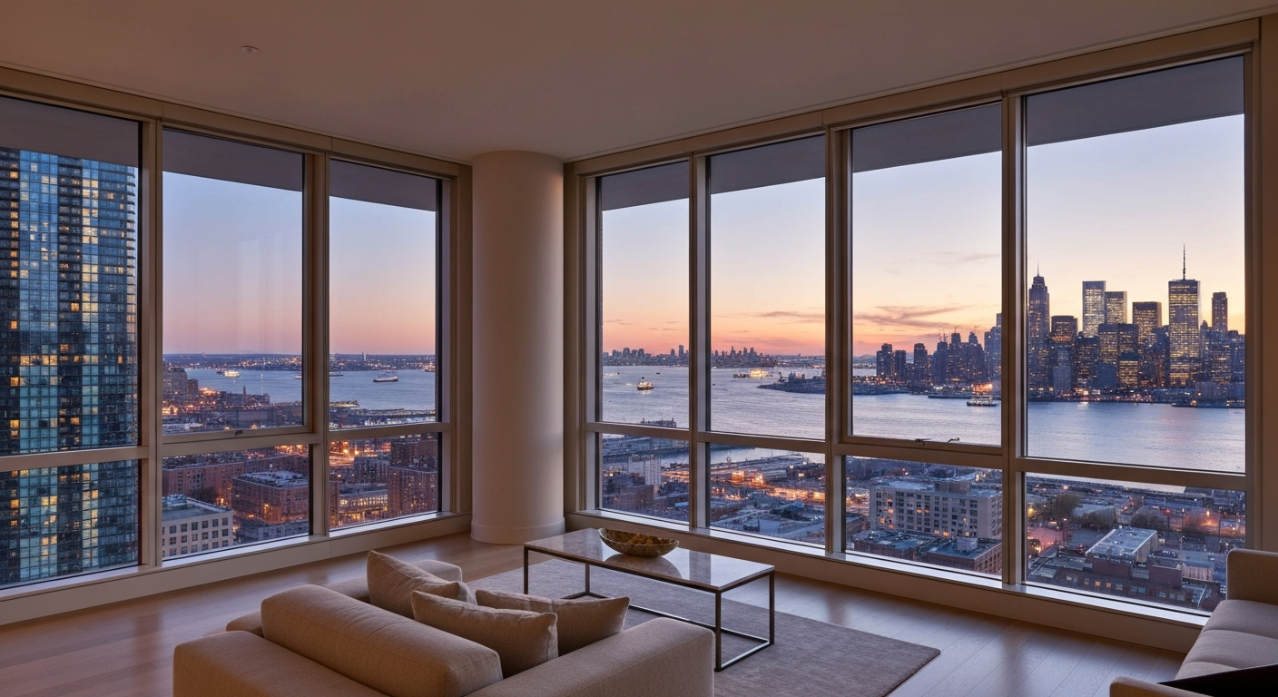 modern apartment interior inside a historic building with arched windows and harbor view