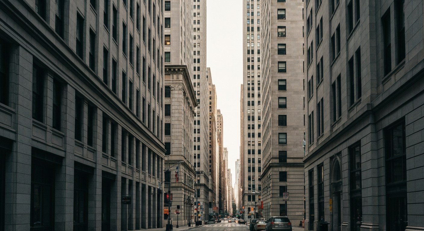 narrow street between historic stone office towers in lower Manhattan, morning light