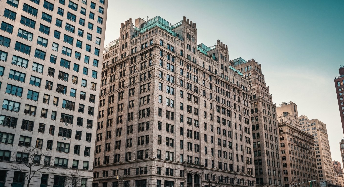 historic stone skyscraper converted into modern residences, lower Manhattan