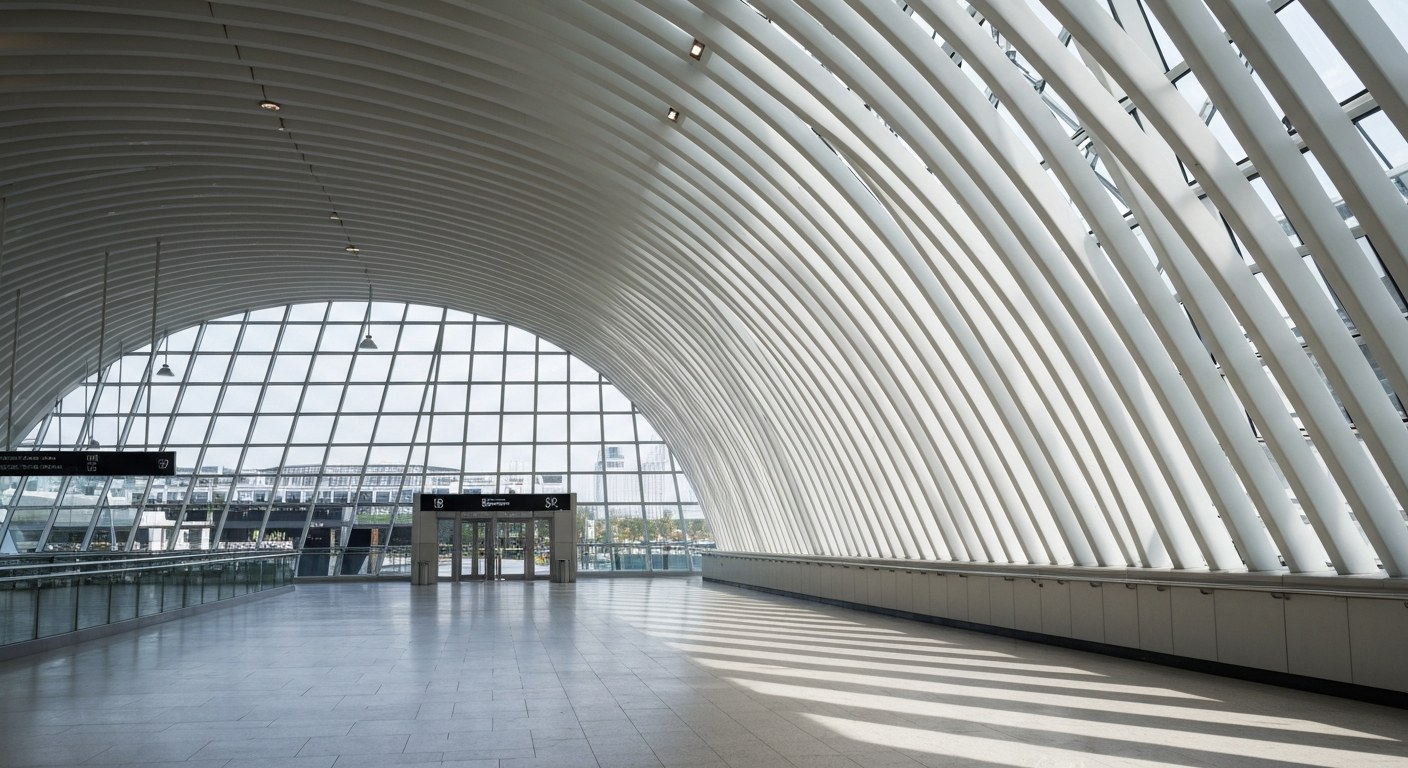 modern transit hub interior with white ribbed architecture and natural light