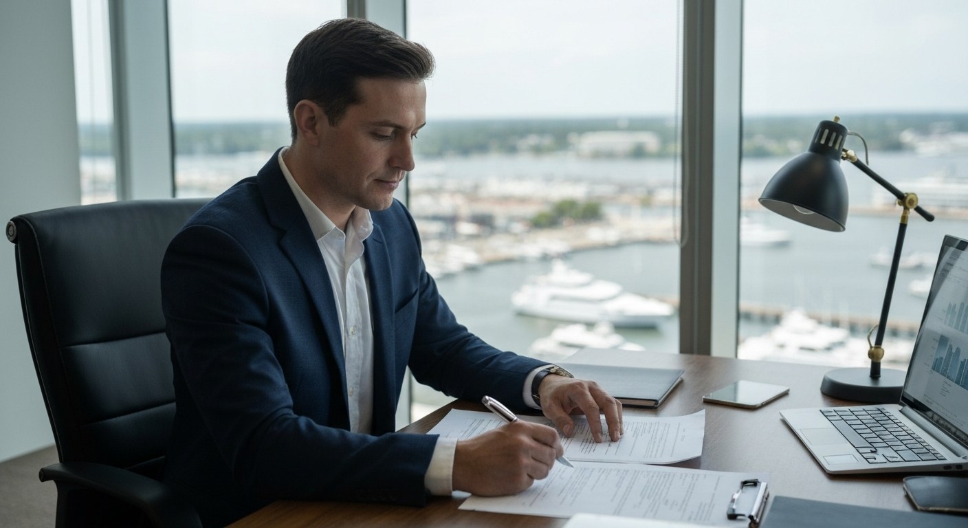 real estate advisor reviewing building documents at a desk with harbor view
