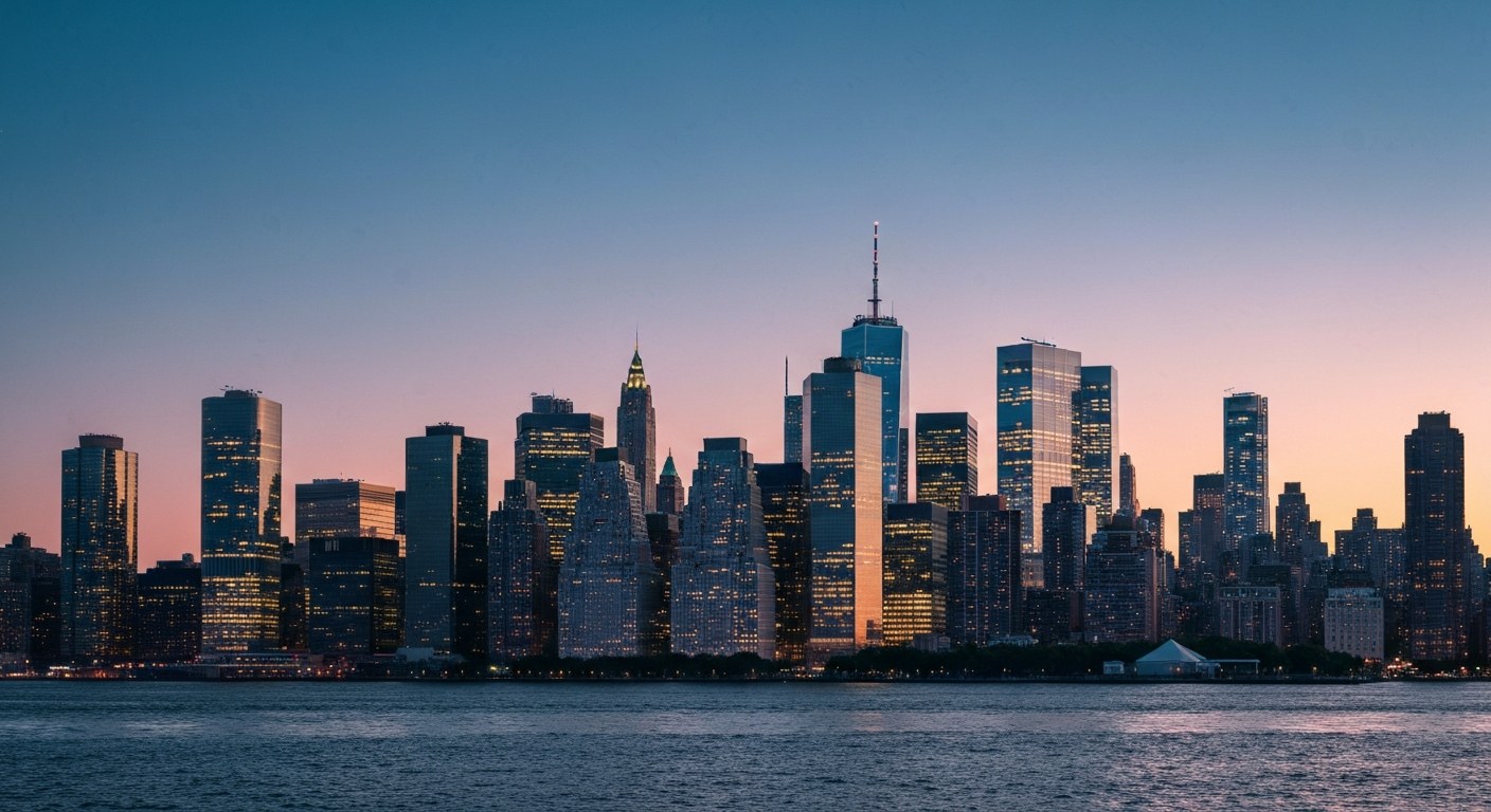 lower Manhattan skyline from the harbor at sunset with illuminated towers