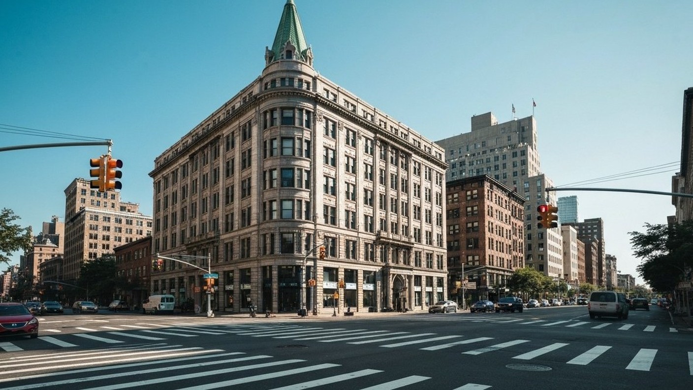 iconic triangular historic building at a street intersection, New York, clear day