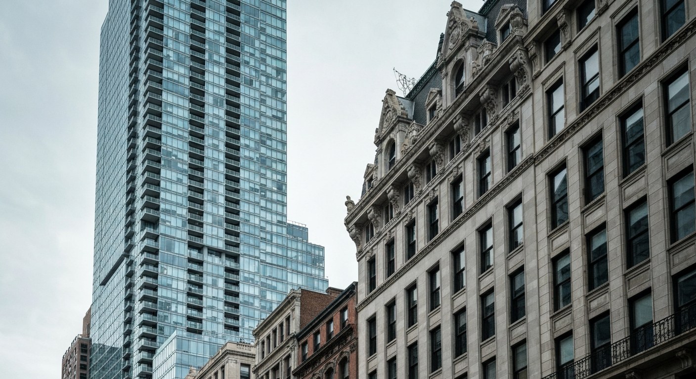 tall modern glass residential tower next to ornate historic buildings, Manhattan