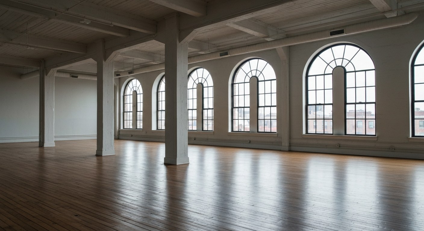 spacious loft interior with tall ceilings, large arched windows and wooden floors