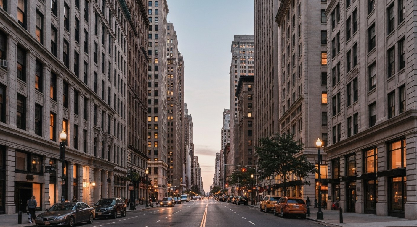 historic Manhattan streetscape at dusk with warm lighting and classic architecture