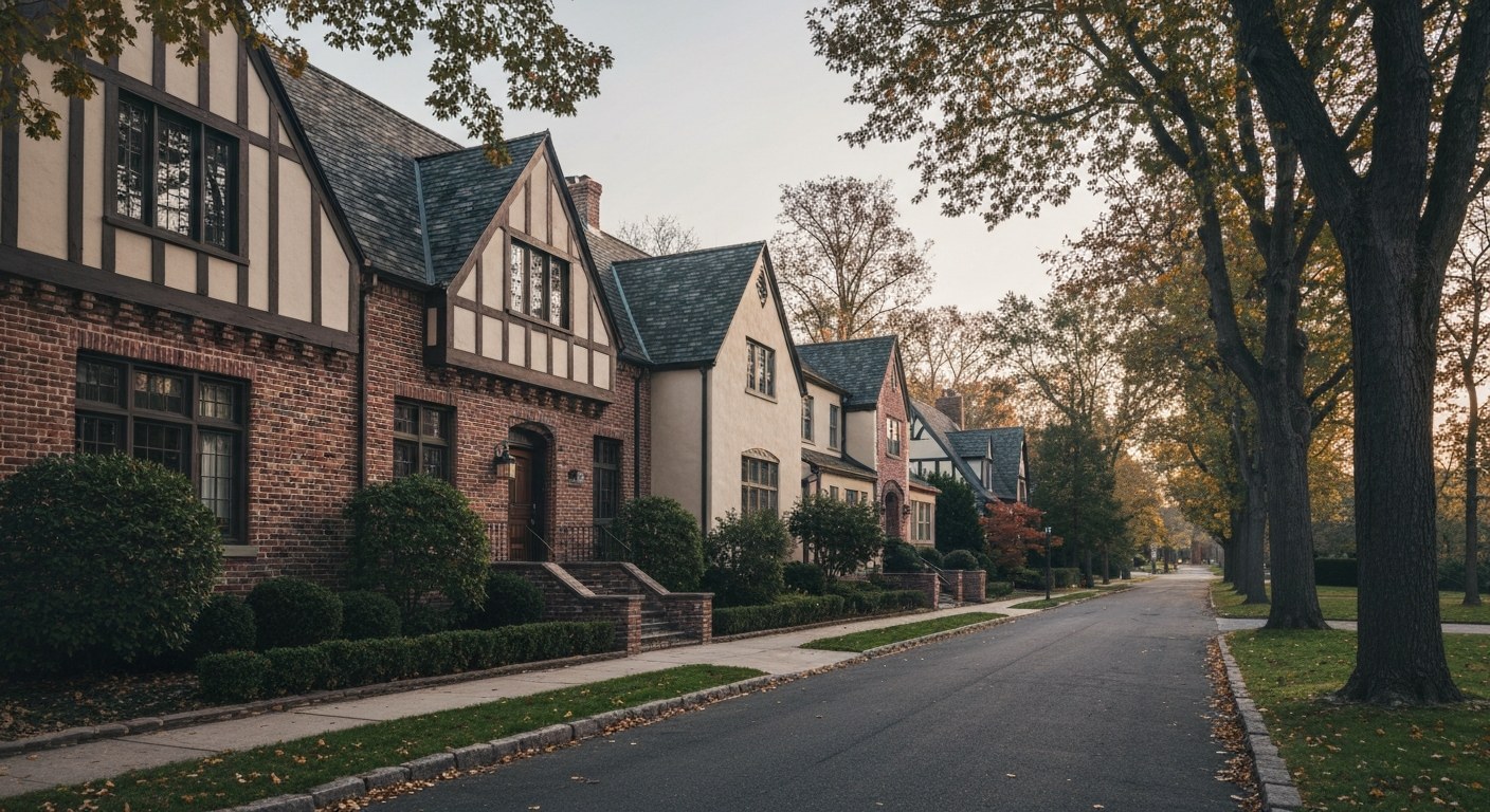Tudor style brick and stucco houses along a tree-lined private street, autumn morning
