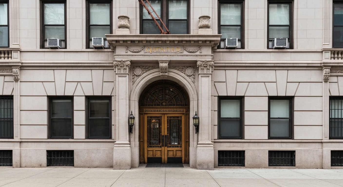 prewar apartment building facade with ornate stone entrance, Queens Boulevard
