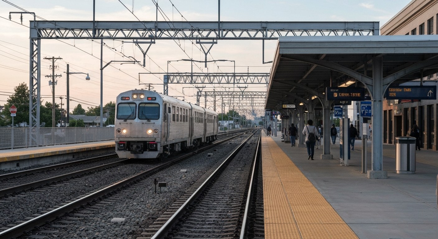 suburban commuter rail station platform with train arriving, morning commuters