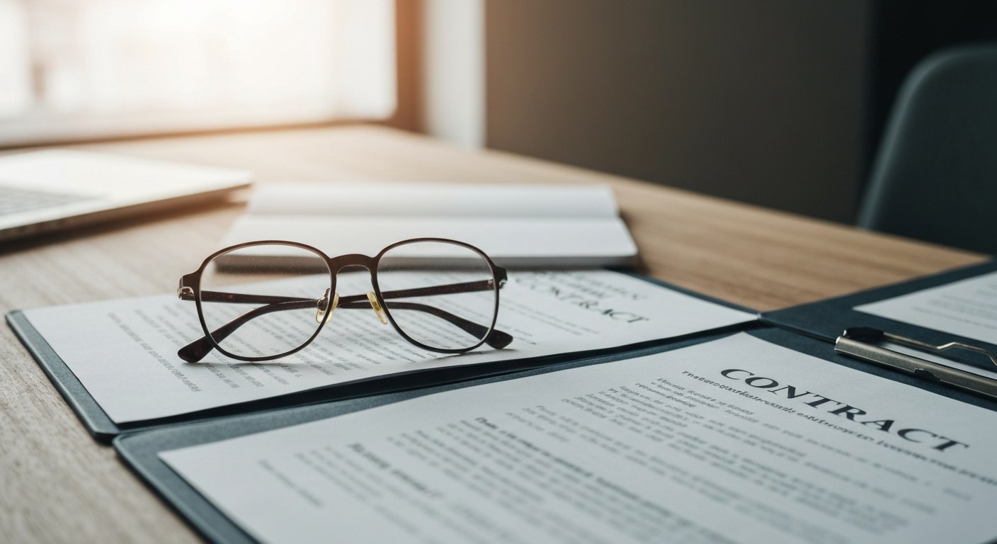 real estate contract documents and reading glasses on wooden desk, natural light