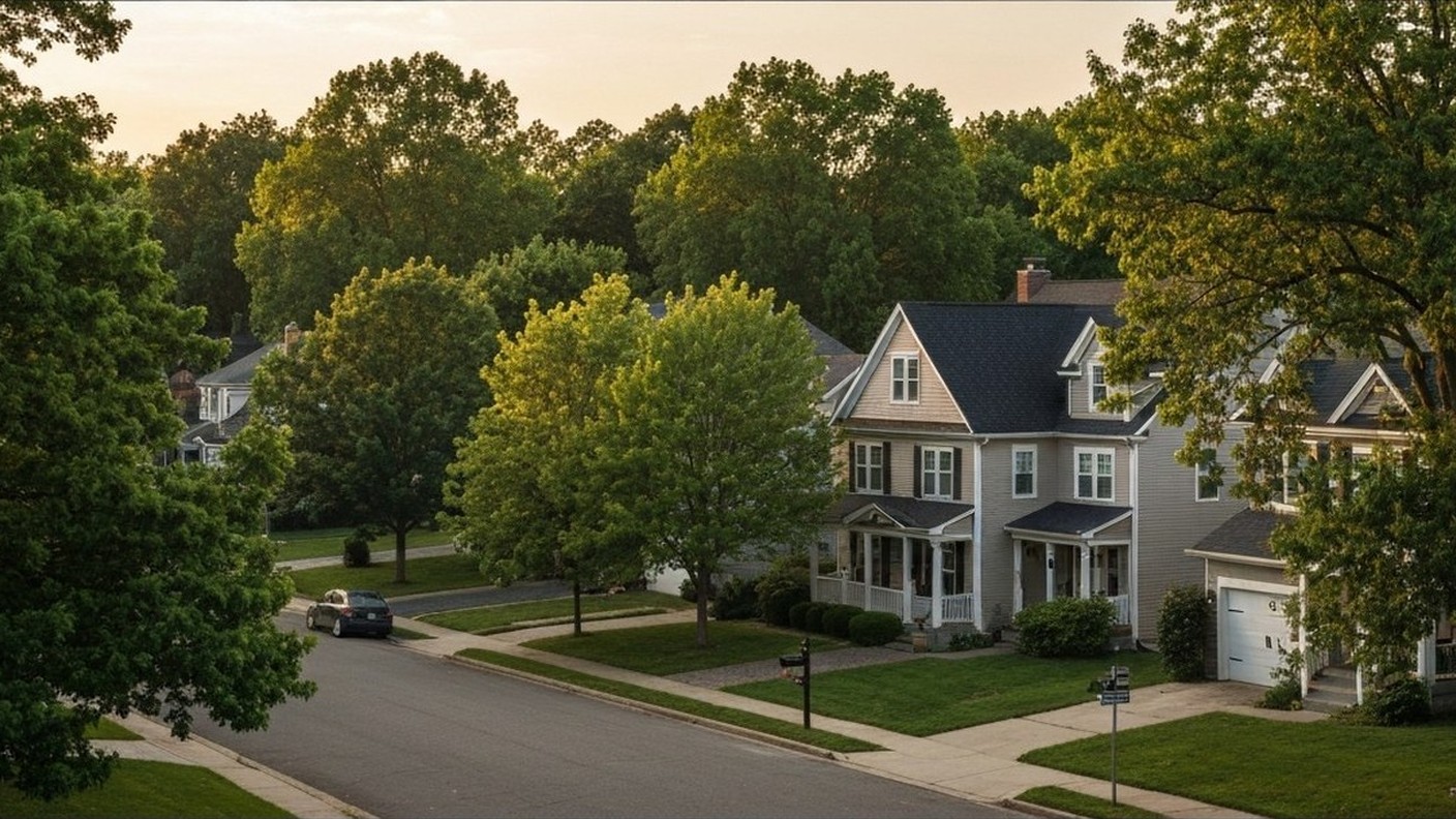 leafy suburban neighborhood street with houses at golden hour, wide view