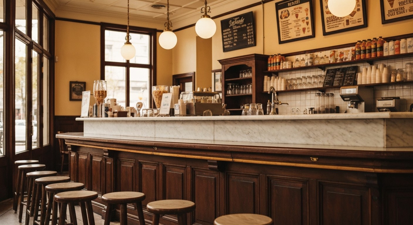 vintage ice cream parlor interior with marble counter and stools, warm light